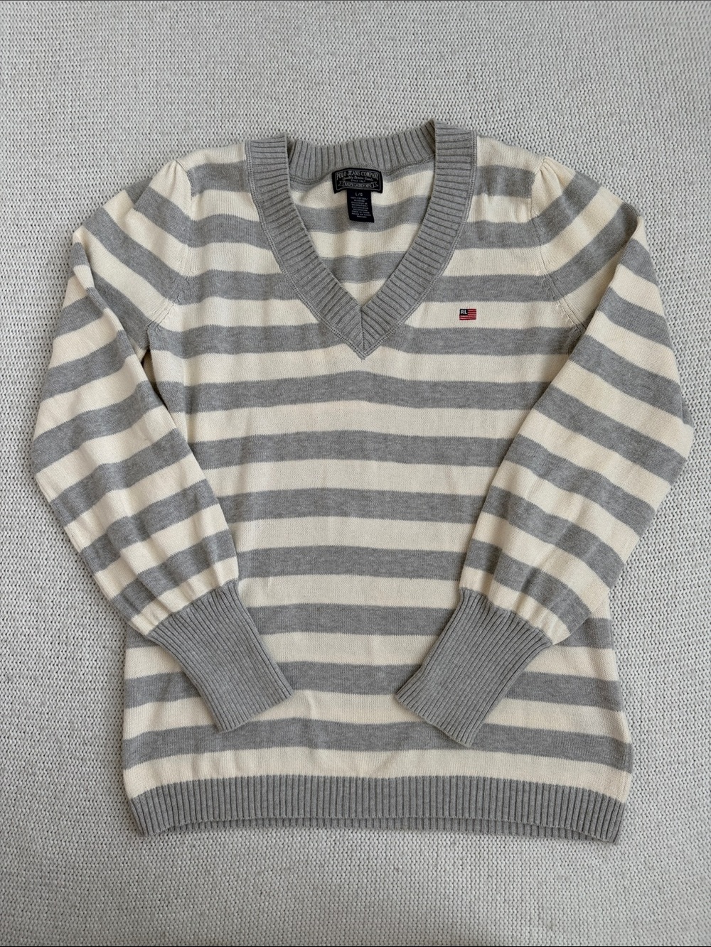Vintage Ralph Lauren 100% Cotton Gray & Cream Striped V Neck Sweater Size Large